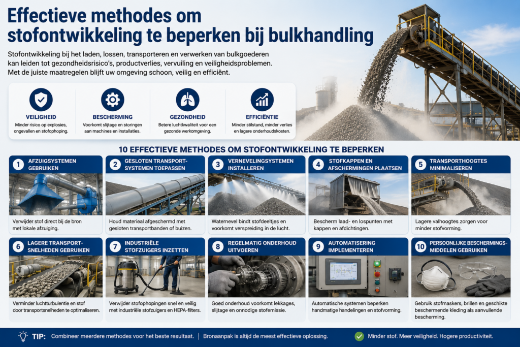 Welke methodes zijn effectief om stofontwikkeling te beperken bij bulkhandling