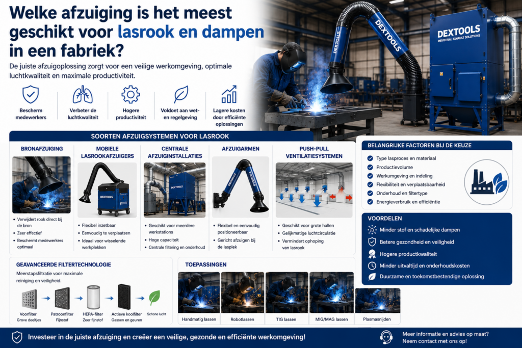 Welke afzuiging is het meest geschikt voor lasrook en dampen in een fabriek
