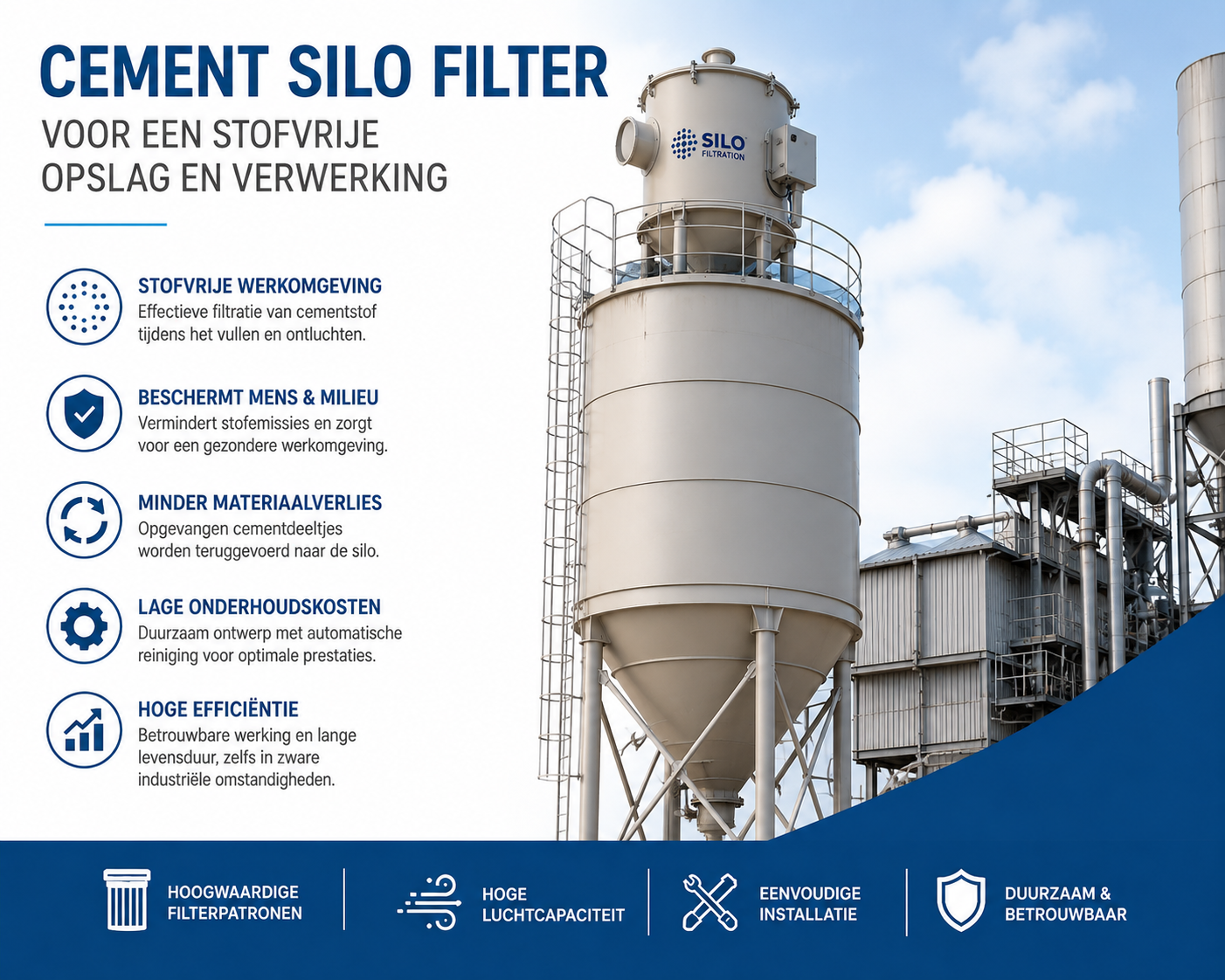 Cement Silo Filter voor een Stofvrije Opslag en Verwerking
